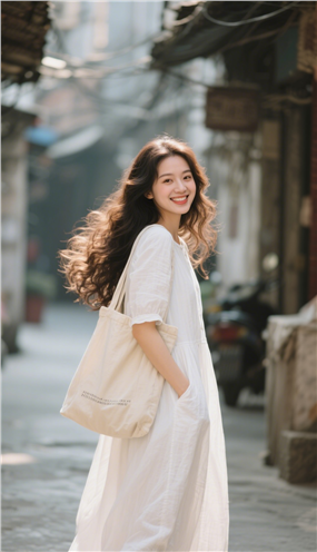 白色棉麻长裙美女街拍摄影图片